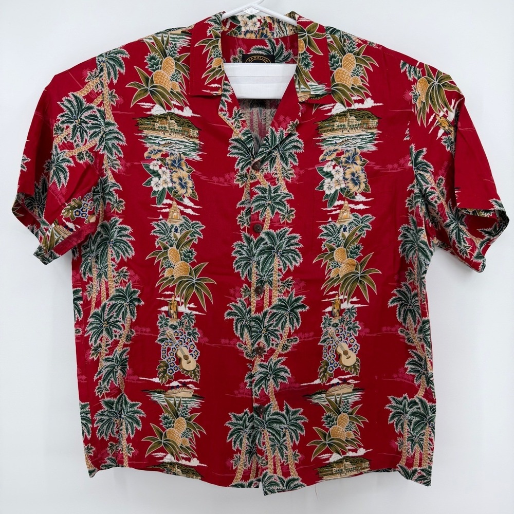 Hawaiian Reserve Collection Button Down Mens XL‎ Red Tropical Palm Rayon Shirt
